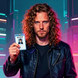 a Sam Heughan holding a ID card in his long curly hair, a character portrait, synthwave by art artgerm, cg society contest winner, shock art, sci-fi, artstation hq, speedpainting