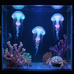 full view of a several bioluminescent alien jellyfishes in a dark aquarium tank with glowing alien coral, uv lighting, alien electric eels and crabs made out of crystals, intricate artwork by tooth wu and wlop and beeple. octane high render, trending on artstation, greg rutkowski, hyper realistic, ultra detail, 8 k