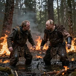 Putin fights Gollum firestorm , swamp, ultra realistic, surrounded by burning forests