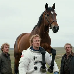 extremely realistic movie shot of a horse sitting on astronaut shoulders by denis villeneuve, ilya repin and andrei tarkovsky, very detailed