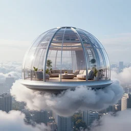 modular dome house, futuristic, in a cloud, floating over the city, octane render, glass
