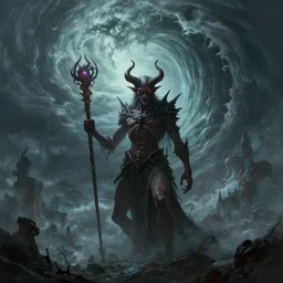 beautiful digital fantasy illustration of a demon holding a staff!!, hellish background, a giant wave in the sky, apocalypse art!!!!, apocalypse landscape!!!!!, lovecraftian!!, cosmic horror!!!, concept art by Jarosław Jaśnikowski, a detailed matte painting by Dan Luvisi, cgsociety, fantasy art, highly detailed, soft lighting, rendered in octane, masterpiece, very very very aesthetic