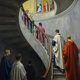 worshippers in robes ascend a spiral staircase, spiral staircase, interior, high detailed beksinski painting, part by adrian ghenie and gerhard richter. art by takato yamamoto. masterpiece, deep colours