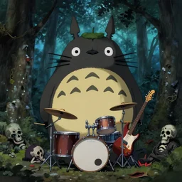 totoro with black metal paint in the face, a drummer, electric guitar, dead people around, in the middle of the forest, fantasy digital art, wow, stunning, ghibli style, hight quality