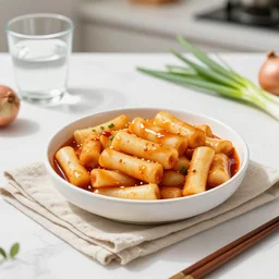 realistic photo of delicious tteokbokki, bowl, glass, white kitchen table, cloth, onion, greenery, marble, highly detailed, by louise lister, sara ali, mary devinat, kailee mandel, masterpiece, award winning, food photography