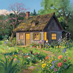 a cottage house with garden permaculture, perfect spring day with, colorful wildflowers, painting by studio ghibli, twilight lighting