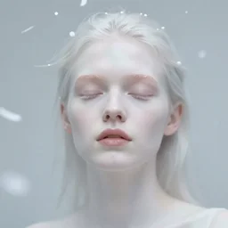 out of focus white confetti, out of focus photorealistic portrait of a beautiful aesthetic pale woman by saul leiter, very blurry, translucent white skin, closed eyes, foggy