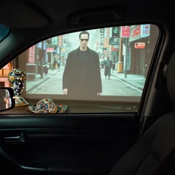 fuji 5 0 r, 3 5 mm ; car ad film still of car interior with front seat side window view ; in background a projection of beautiful hyperrealistic film still from matrix ( 1 9 9 0 ) sentinel scene directed by wachowski with a street in style of 1 9 9 0 s frontiers in miniature porcelain kintsugu design magazine seinen manga edition, real - life seinen manga porcelain sci - fi font izakaya sign, highly detailed, cinematic lighting, 8 k