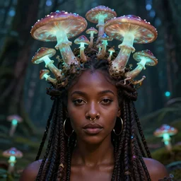 a brown woman with dreads and gold nose ring has iridescent bioluminescent mushrooms growing out of her head, beautiful lighting, phosphorescent mushrooms, blooming forest. highly detailed fantasy, psychedelic portrait, rich colors, high contrast. artstation