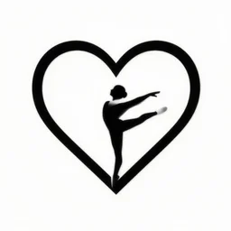 clean black and white print on white paper logo of a symmetric heart with a stylized gymnast human body silhouette inside