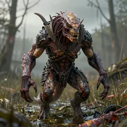 incredibly realistic, too detailed fullbody of apex predator monster in a toxic marsh, octane render, bump mapping, macro image, global illumination, 8 k, bokeh, enki bilal, yuji himukai, jen zee, mohrbacher