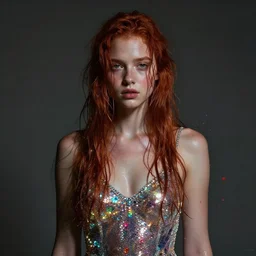 dramatic lighting portrait of a beautiful! ethereal ginger young woman wearing shiny swarovski dress with wet hair. paint splashes. moody and melancholy. with a little bit of rainbow colors. digital art by beeple