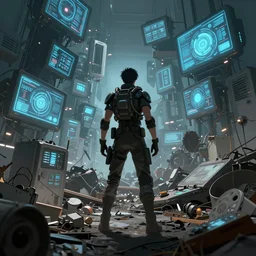 concept art of a humanoid standing in a junkyard, back - view, technology screens glowing, hyper maximalist, matte painting, ultra detail, concept art, hyper realistic, photorealistic, cgsociety, hyper maximalist, artstation, cgsociety, style by jon foster and feng zhu and tyler edlin, octane render, anime style
