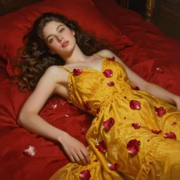 beautiful oil matte portrait painting, young woman lying on a red bed sheet wearing a mustard yellow dress covered in giant rose petals, wonderful masterpiece highly detailed, beautiful cinematic light deep focus, elegant, digital painting, smooth, sharp focus, golden ratio, dramatic illumination, ultra realistic, 8 k, art by jimmy law