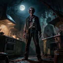 cinematic colorful horror artwork by artgerm, beksinski, wlop, bernie wrightson ; real life full portrait of rotten man standing inside kitchen ; moonlight, stove light, shadows on wall ; low angle ground level view ; dark ominous scary, 8 k hdr, creepy intricate ; volumetric dramatic lighting, insanely detailed, haunting