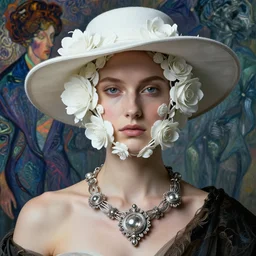 a beautiful futuristic portrait with hat made white plastic flowers twisted around her face, necklace made by silk and wire, design by leonardo davinci, inspired by egon schiele, modern art, baroque art jewelry, new classic, hyper realistic, cinematic composition, cinematic lighting, fashion design, concept art, hdri, 4 k -