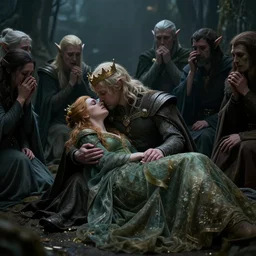 the faerie queen mourns her king who is dying on her arms while the surrounding elves cry in deep despair, lord of the rings, moody and atmospheric, wide shot, trending on artstation