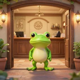 a small frog standing on two feet at the hotel reception entry, storybook style