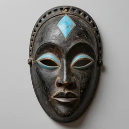 a dark African ritual mask with light blue details, realistic, photography