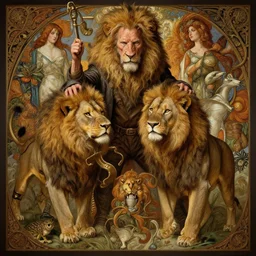 william dafoe controlling lions, intricate, highly detailed, digital painting, william dafoe, artstation, concept art, smooth, sharp focus, illustration, unreal engine 5, 8 k, art by artgerm and greg rutkowski and alphonse mucha, william dafoe