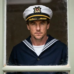 young russell crowe wearing a sailors suit and captains hat ( 1 8 0 0 s ) standing behind a window staring out towards camera