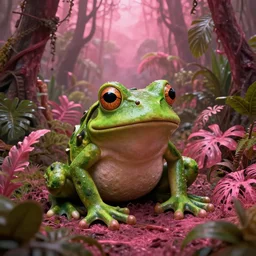 A frog statue buried in a pink forest, full of tropical plants, ,digital art, well detailed, Lovecraft, horror, creepy, 8k