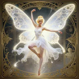 tinker bell with butterfly wings, intricate, elegant, magical, glow, powerful, dancing, art nouveau, baroque style, white dress, angelic, enchanted, art by art by artgerm and greg rutkowski and ruan jia and peter polach