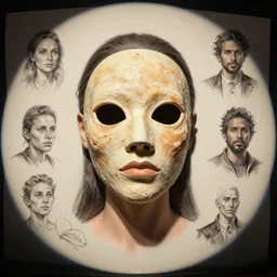 woman with flesh mask, character sheet, Greg Rutkowski, Zabrocki, Karlkka, Jayison Devadas, trending on Artstation, 8K, ultra wide angle, zenith view, pincushion lens effect