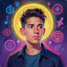 portrait of dino d'santiago by mandy jurgens, cartoon, oil painting, visionary art, magic symbols, holy halo, neon ambient lighting, high detail, vibrant colors,
