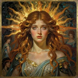 stunning, breathtaking, awe-inspiring award-winning concept art nouveau painting of attractive Ramona Young as the goddess of the sun, with anxious, piercing eyes, by Alphonse Mucha, Michael Whelan, William Adolphe Bouguereau, John Williams Waterhouse, and Donato Giancola, cyberpunk, extremely moody lighting, glowing light and shadow, atmospheric, cinematic, 8K