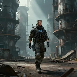 Futuristic matte painting of a cyberpunk soldier walking through an abandoned foundry, volumetric light scattering, highly detailed, digital art, Andreas Rocha, Greg Rutkowski, Darek Zabrocki, ArtStation, CGSociety, Unreal Engine, 4K, 8K