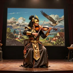 craig mullins and ghibli digital art of on the huge stage, the masked female violinist playing alone, she wore a strong exotic costumes, gold ornaments, black hair, unreal engine, hyper realism, realistic shading, cinematic composition, realistic render, octane render, detailed textures, photorealistic, wide shot