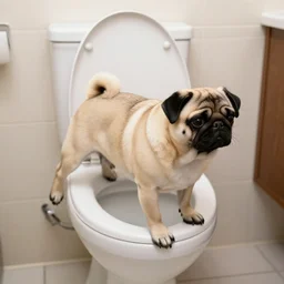 a pug climbing out of a toilet, bathroom interior background, photo