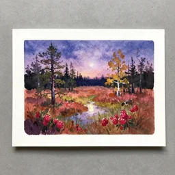 small centered on watercolor paper, paint brush strokes, abstract watercolor painting of raspberry night at swedish bog, spring and autumn, sharp daylight, cinematic light, american romanticism by hans dahl, by jesper ejsing, by anders zorn, by greg rutkowski, by greg manchess, by tyler edlin