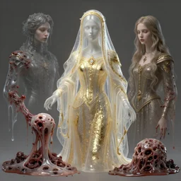 highly detailed 8 k veiled medium shot portrait character design of catholic gothic transparent lady with slime rotting still life, bojan jevtic, anna dittmann, artstation, maximalist, masterpiece, glittering, gold, silver, ivory, hyperreal, nicola samori