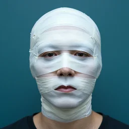 a mugshot portrait of a head completely wrapped in duct tape against a dark cyan backdrop.