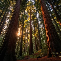 beautiful redwood forest landscape with a glorious sun set, art ,high definition, high detail, cinematic, 8k,