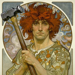 realistic detailed face portrait of bob the builder holding a hammer by Alphonse Mucha, Ayami Kojima, Amano, Charlie Bowater, Karol Bak, Greg Hildebrandt, Jean Delville, and Mark Brooks, Art Nouveau, Neo-Gothic, gothic, Tarot, Tarot card, hammers, air, whirling clouds, tarot hammer, rich deep moody colors, pale blue grey sky,