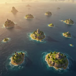 ultra realistic illustration, many tiny islands on vast ocean, matte paiting, hyperdetailed photorealism by greg rutkowski, rich contrast of colors, warmth, happy, 1 0 0 mega pixels, league of legends artwork
