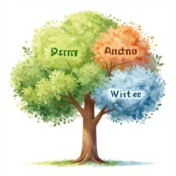 a beautiful Illustration of one single tree representing all four seasons. Spring, Summer, Autum, Winter.