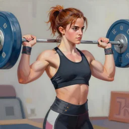 greg manchess portrait painting of emma watson as muscular weightlifter zarya from overwatch, medium shot, robust body, asymmetrical, profile picture, organic painting, sunny day, matte painting, bold shapes, hard edges, street art, trending on artstation, by huang guangjian and gil elvgren and sachin teng
