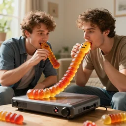 two men eating one big gummy worm, rtx, sunlight, many details, octane render, high quality, 8 k