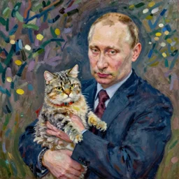 putin holding a cat, claude monet ( 1 8 6 2 ), oil on canvas, detailed brushstrokes