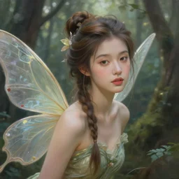 beautiful face forest fairy in a scenic woods, sweet, graceful wings muted colors, sharp focus, high fantasy art, fairy aesthetics, intricate, elegant, highly detailed, hyperrealistic painting, artstation, concept art, painterly, dreamy, soft illumination, hasselbrad photography, illustration, art by scot howden