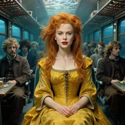 masterpiece of intricately detailed preraphaelite photography portrait face hybrid of nicole kidman and hedy lamarr, sat down in train aisle, inside a beautiful underwater train to atlantis, betty page fringe, medieval dress yellow ochre, by william morris ford madox brown william powell frith frederic leighton john william waterhouse hildebrandt