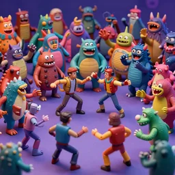 hordes of overpowered retro lofi 9 0 s action figure monsters engaged in an epic dance battle, in the style of stop motion and juxtapoz