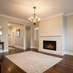 a living room with dark wood floors, adjacent hallways, and a wall sized fireplace that reaches to the ceiling, low hanging chandeliers in front of the fireplace, a large rug sits on the floor
