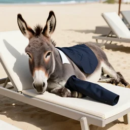realistic photo of a donkey wearing a suit sunbathing on a sunbed at the beach