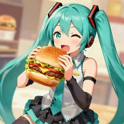digital painting of hatsune miku strugglong to eat a giant hamburger, fan art, artstation