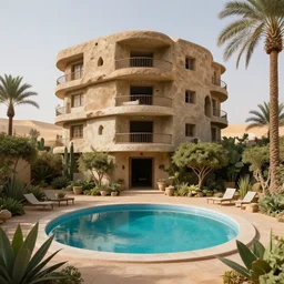 brutalism building in the desert, biophilia mood, pool, garden, highly detailed, cinematic, photorealistic,